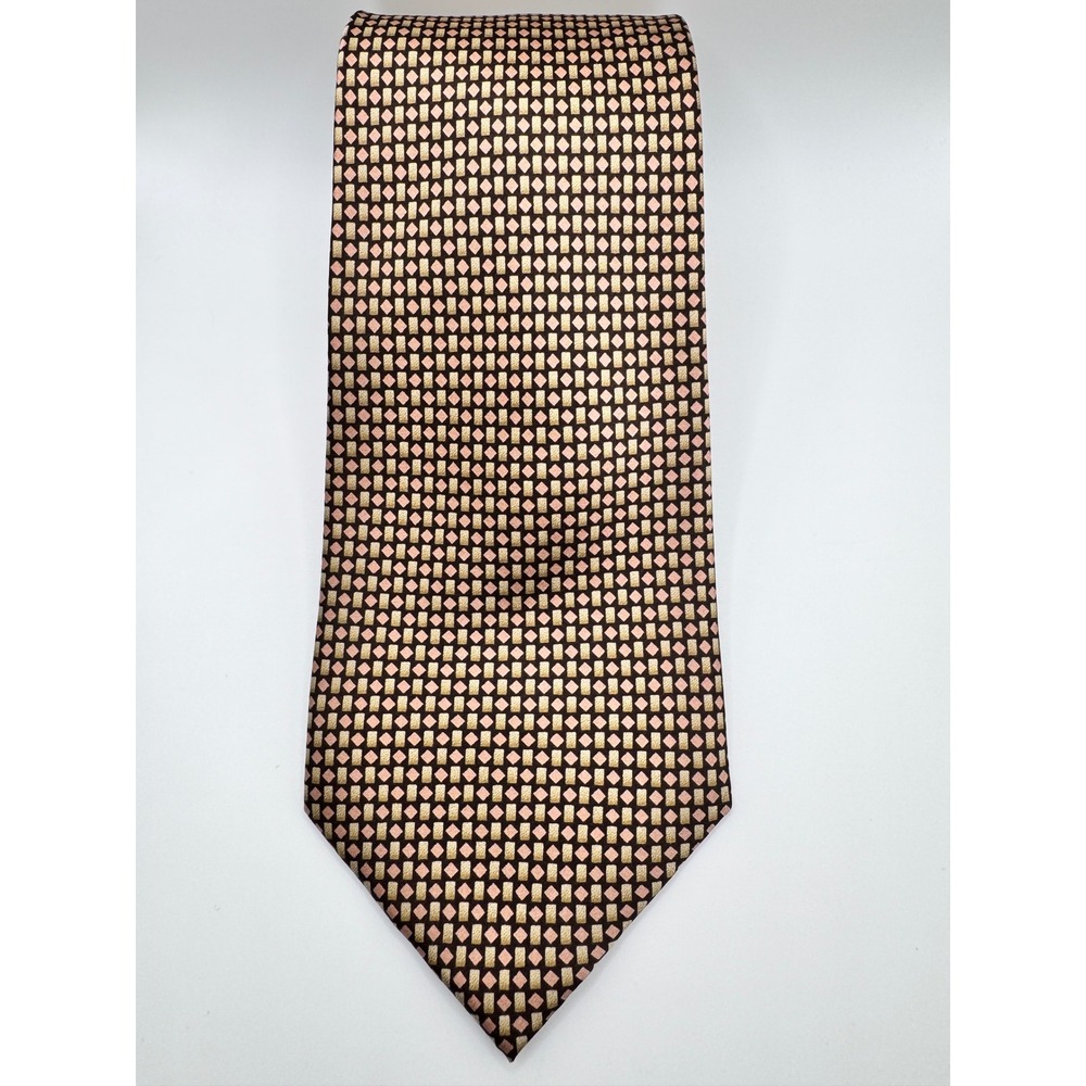 Stonehenge Mens Silk Necktie Brown Gold Pink Geometric‎ Hand Made Business